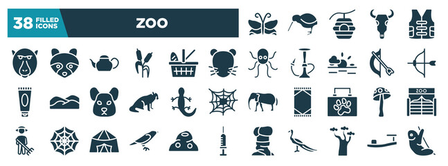 zoo glyph icons set. editable filled icons such as butterflies, baboon, rat, archery, lizard, amanita, crow, baobab vector illustration
