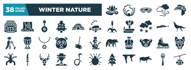 winter nature glyph icons set. editable filled icons such as water lily, gift shop, hibernation, wolf, shovel, ice skate, biologist, rhino vector illustration