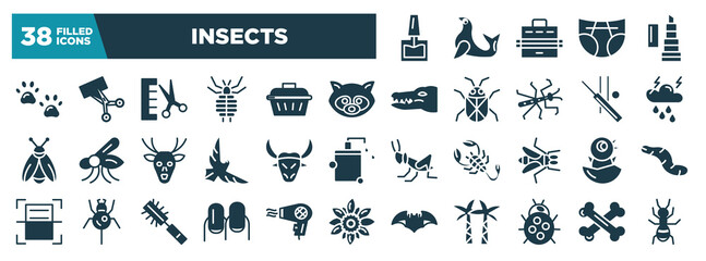 insects glyph icons set. editable filled icons such as nail polish, pawprint, raccoon, thunderstorm, buffalo, chick, nails, ladybug vector illustration