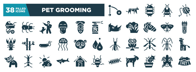 pet grooming glyph icons set. editable filled icons such as branch, stroller, anti flea, hair clipper, panda bear, cockroach, shark, cactus vector illustration