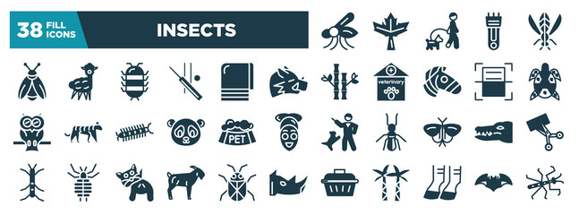 insects glyph icons set. editable filled icons such as mosquito, maple leaf, walking the dog, hair clipper, winged insect icons. vector illustration