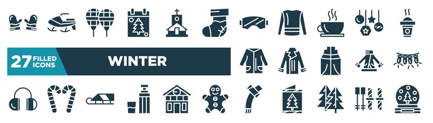 set of winter icons in filled style. glyph web icons such as mittens, christmas day, snow goggle, bauble, coat, lights, sledge, winter scarf editable vector.