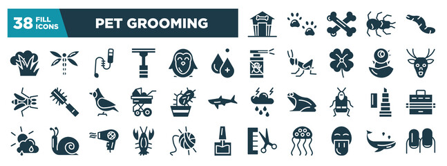 pet grooming glyph icons set. editable filled icons such as pet house, pawprint, bones, tarantula, worm icons. vector illustration