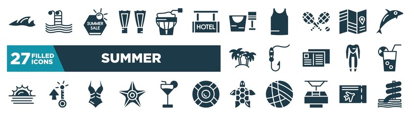 set of summer icons in filled style. glyph web icons such as ocean, fins, sand bucket and shovel, travel guide, fish and hook, lime juice, swimsuit, sea turtle editable vector.