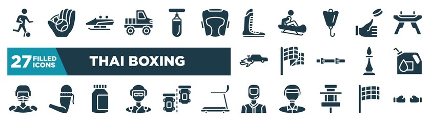 set of thai boxing icons in filled style. glyph web icons such as football players, off road, boxing shoe, coin toss, victory lap, oil down, energy bar, drivers editable vector.