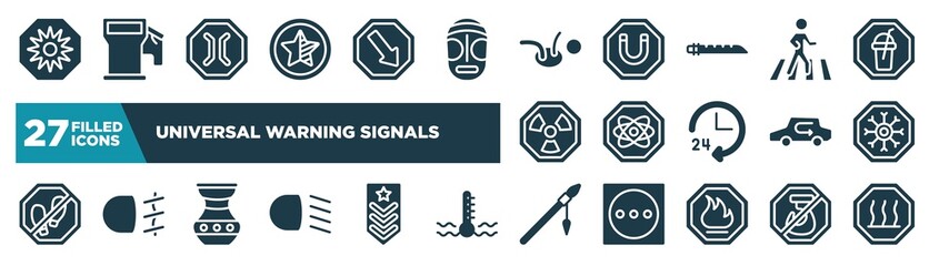set of universal warning signals icons in filled style. glyph web icons such as uv ray warning, half star, childcare, crossing, atom, winter warning, native american pot, native american spear