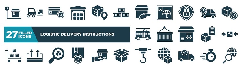 set of logistic delivery instructions icons in filled style. glyph web icons such as weighting, piles stored, light weight, delivery delay, lift package, use clamps, delivery search, container