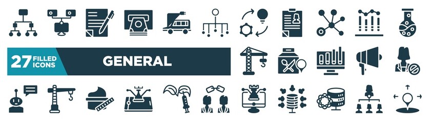 set of general icons in filled style. glyph web icons such as information architecture, atm cash, implementation, business performance, food delivery, impeachment, beauty care, digital strategy