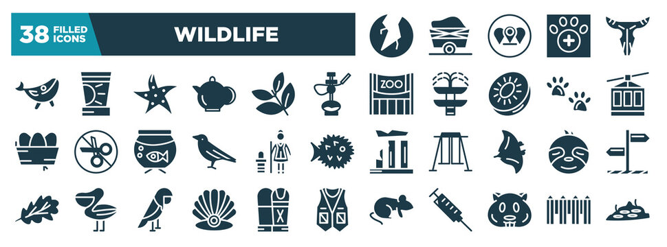 wildlife glyph icons set. editable filled icons such as crack, blue whale, hookah, cable car, cleaner, sloth, pearl, hamster vector illustration