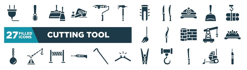 set of cutting tool icons in filled style. glyph web icons such as electrical plug, planer, dyupel, dustpan, kirpan, iron helmet, road panel, clothespin editable vector.