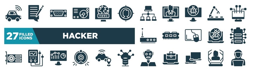 set of hacker icons in filled style. glyph web icons such as autonomous car, lp player, site map, conveyor belt, ram memory, battery status, web analytics, humanoid editable vector.