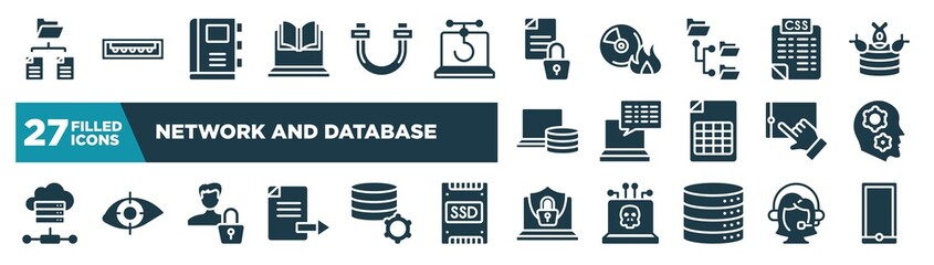 Fototapeta premium set of network and database icons in filled style. glyph web icons such as folder network, online lesson, encrypted data, style sheet, subtitles, thought, authentication, internet security editable