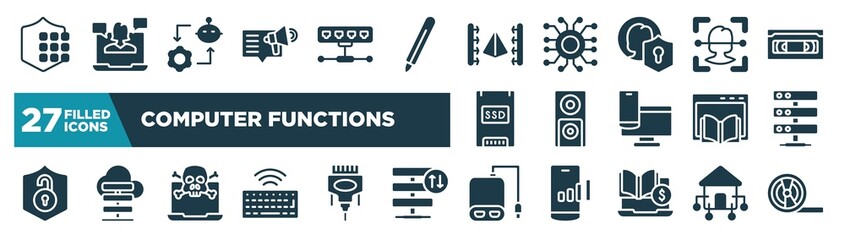 set of computer functions icons in filled style. glyph web icons such as passkey, content marketing, 3d scanner, face recognition, dvd player, hosting server, attack, power bank editable vector.