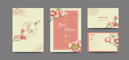 Beautiful set of wedding invitation card with blossom watercolor floral