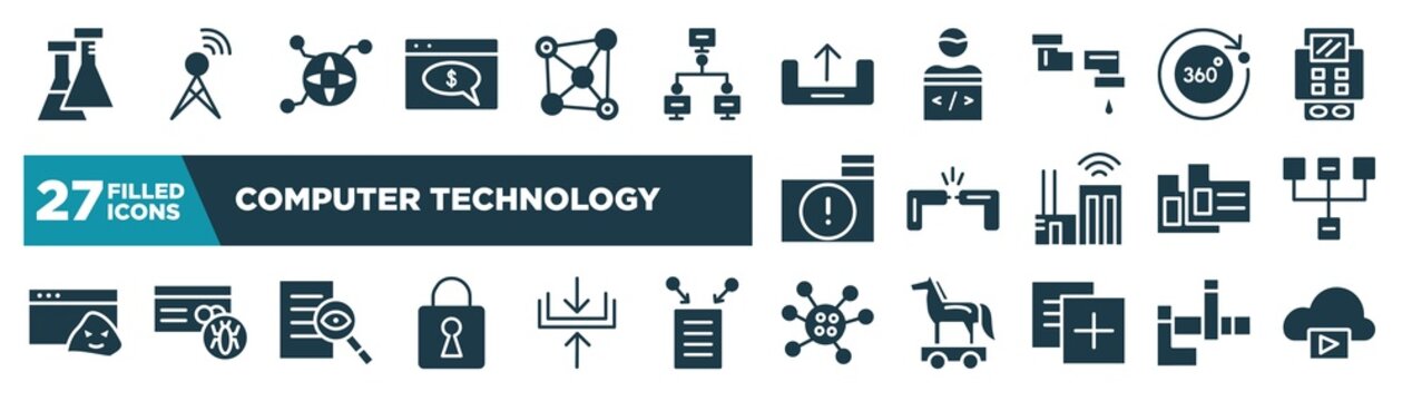 set of computer technology icons in filled style. glyph web icons such as flasks, web payment, uploading, 360 degrees, cable break, sitemap, investigation, germs editable vector.