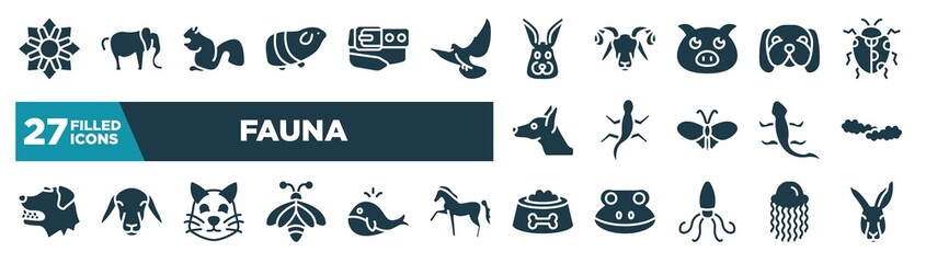 set of fauna icons in filled style. glyph web icons such as angular flower, guinea pig heag, rabbit head, dog with chubby cheeks, gecko, cloudy sky, pet cat, dog food bowl editable vector.