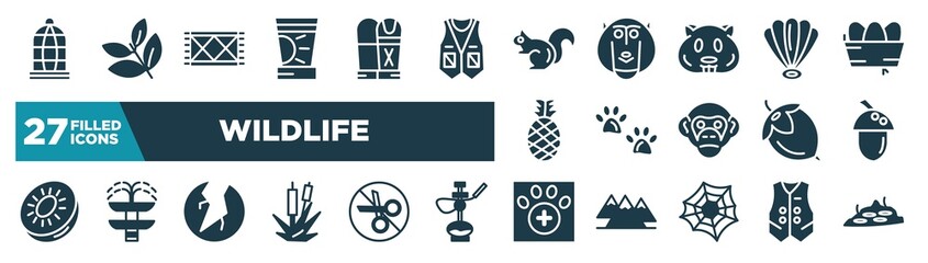 Fototapeta premium set of wildlife icons in filled style. glyph web icons such as cage, sun cream, chipmunk, shell, pawprints, acorn, crack, veterinarian editable vector.