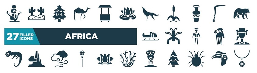 set of africa icons in filled style. glyph web icons such as snowman, camel, wolf, scythe, gerridae, biologist, windy, african editable vector.