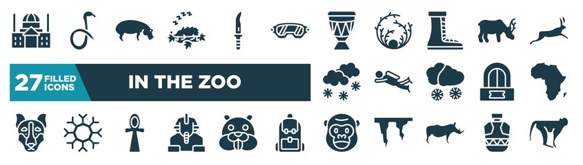 set of in the zoo icons in filled style. glyph web icons such as basilica, hibernation, drum, moose, diving, africa, ankh, gorilla editable vector.