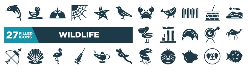 set of wildlife icons in filled style. glyph web icons such as dolphin, cobweb, crab, picnic basket, relics, dromedary, flamingo, toucan editable vector.