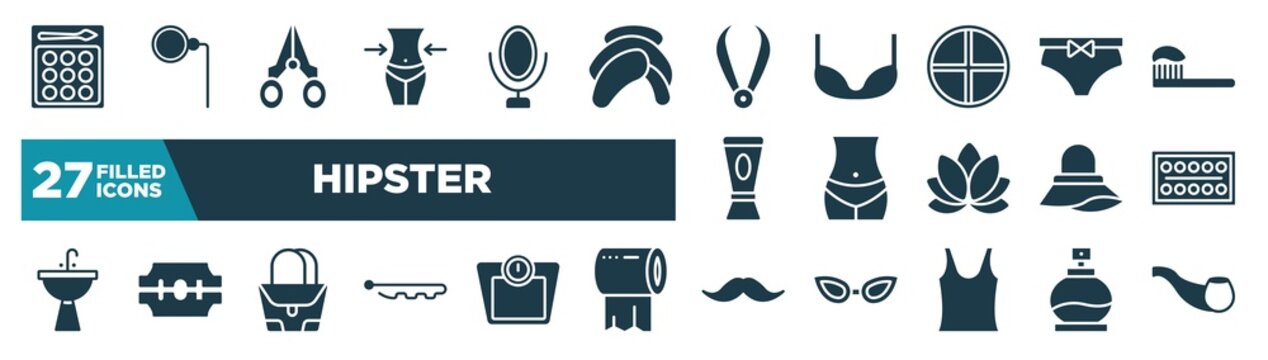 set of hipster icons in filled style. glyph web icons such as shadow, waist, pluck, underclo, bellybutton, paints, purse, moustaches editable vector.