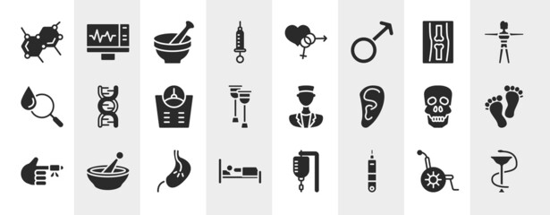 Fototapeta premium medical icons filled icons set. editable glyph icons such as biology shape, syringe with medicine, x ray of bones, dna sequence, medical doctor, human feet shape, esophagus, health thermometer
