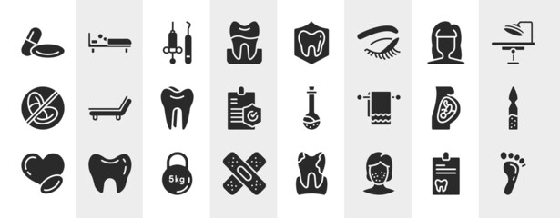 body parts filled icons set. editable glyph icons such as 2 pills, premolar, woman dark long hair shape, deckchair, medicine liquid in a test tube glass, ampoul, kettlebell, pimples vector.