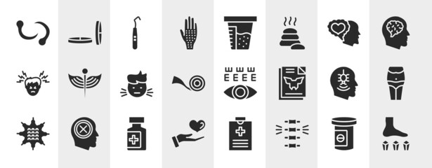 therapy filled icons set. editable glyph icons such as leech, allergic, feelings, medical, eye test, belly, drug container, chiropractic vector. - obrazy, fototapety, plakaty