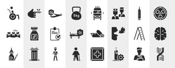 medicine filled icons set. editable glyph icons such as wheelchair accesibility, weights, medical syringe, medicine pills container, yoga mat, brain upper view, male surgeon wearing uniform, candle