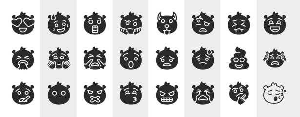Obraz premium emoji filled icons set. editable glyph icons such as in love emoji, suspect emoji, pensive happy pouting worried silent crying vector.