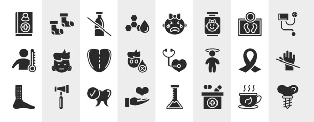 Obraz premium dental care filled icons set. editable glyph icons such as handbook, trans fat, body weight, swelling, medical checkup, latex, healthy tooth, medicine box vector.