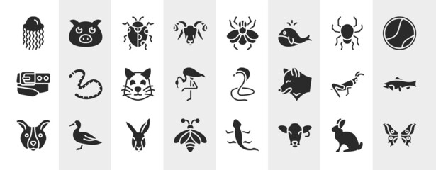 Fototapeta premium free animals filled icons set. editable glyph icons such as swimming jellyfish, ram, poisonous spider, earth worm, poisonous cobra, big salmon, kangaroo head, cow head vector.