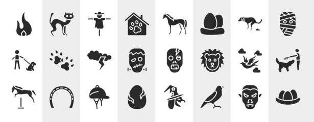 birds pack filled icons set. editable glyph icons such as fire flame, pet hotel, dog shitting, dog paw, zombie, man combing a dog, hat for a jockey, bird of black feathers vector.
