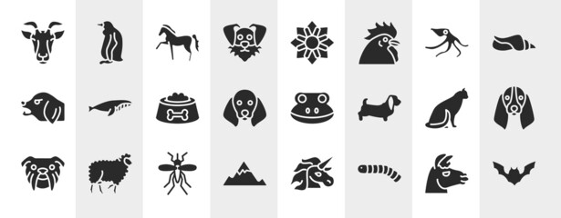 poi nature filled icons set. editable glyph icons such as goat head, funny dog head, wild octopus, whale swimming, frog head, bas hound dog big mosquito, silkworm vector.
