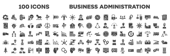 set of 100 filled business administration icons. editable glyph icons collection such as productivity, cash money, business plan, binary, wrap, encrypted, launching, digital, comments vector