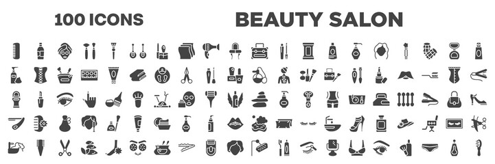 set of 100 filled beauty salon icons. editable glyph icons collection such as men comb, vanity case, foam hair, parfum, roll on deodorant, straight razor, hair washing, shower head, big perfume