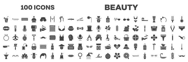 set of 100 filled beauty icons. editable glyph icons collection such as ice tea, slim, razorblade, mirrors, diamond ring, kitchen pack, washbowl, massages, barbershop pole vector illustration.