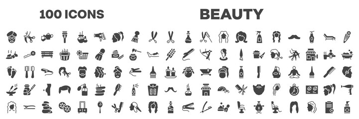 set of 100 filled beauty icons. editable glyph icons collection such as facial mask, essence, stones, curling iron, barefoot, incense, wavy hair, hair straightener, disclaimer vector illustration.