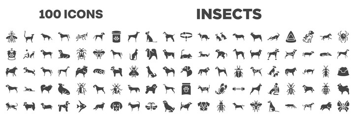 set of 100 filled insects icons. editable glyph icons collection such as bumblebee, pet collar, pet clo, laying cat, malamute, mastiff, toyger cat, jack russel terrier, sheltie vector illustration.