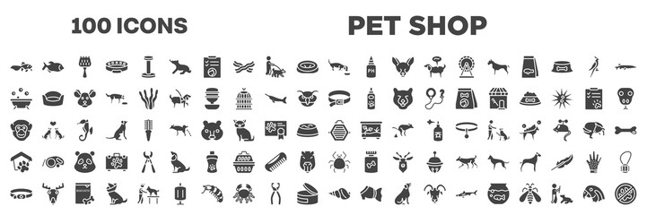 set of 100 filled pet shop icons. editable glyph icons collection such as gold fish, dog eating, pets bath, dog leads, chimpanzee head, pet shelter, dog collar, conch, parrot head vector