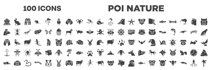 set of 100 filled poi nature icons. editable glyph icons collection such as dog kennel, poisonous cobra, lama head, big fly, bas hound dog head, boat anchor, seashell conch, koala head, giant squid