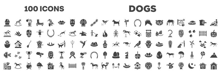 set of 100 filled dogs icons. editable glyph icons collection such as tombstone, plain dog, trophy of horses races, roach, bird in broken egg, fish, hotel building, hammock, pet hotel vector