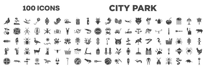 set of 100 filled city park icons. editable glyph icons collection such as pigeon, shrimp, cherry, ice cream cart, fishbone, hunter, crosshair, basketball ball, porcupine vector illustration.