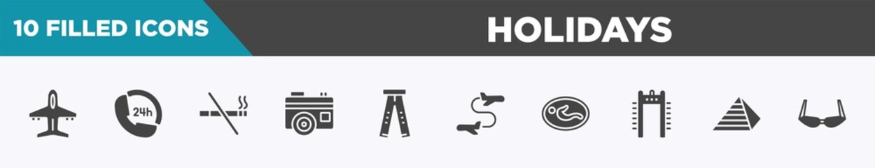 set of 10 filled holidays icons. editable glyph icons such as plane diagonal, 24 hours phone attention service, smoking prohibition, vintage digital photo camera, ripped jeans, flight transfer,