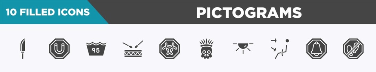 set of 10 filled pictograms icons. editable glyph icons such as knife in sheath, magnet, 95 degrees maximun agitation, native americandrum, biological hazard, native american skull, dome light,