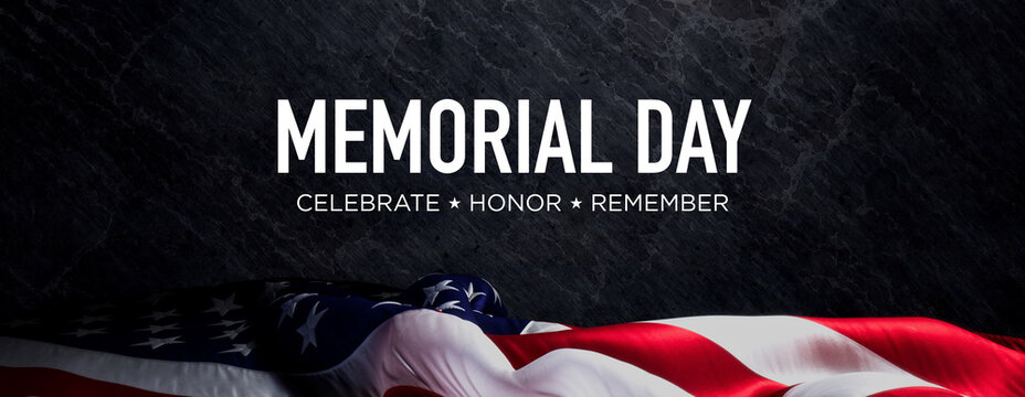 USA Flag Banner with Memorial Day Caption on Black Stone. Premium Holiday Background.