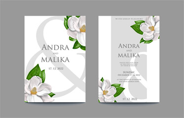 elegant white grey wedding invitation watercolor magnolia flower