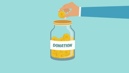 Charity donation 4K animation with a jar of coin and hands. Raising funds concept for poor people 4K video. Man donating gold coins in a jar animation. Giving charity to poor people.