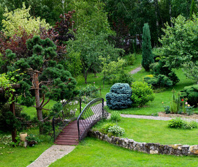 Landscaping panorama of home garden. Scenery of natural area in summer. Landscape design with stones and plants at residential house.