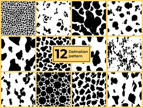 A set of seamless Dalmatian animal fur prints. Animal skin pattern. Stained  background. Vector illustration. Random bovine spots hand-drawn. Texture  banner with farm animals. Stock Vector | Adobe Stock